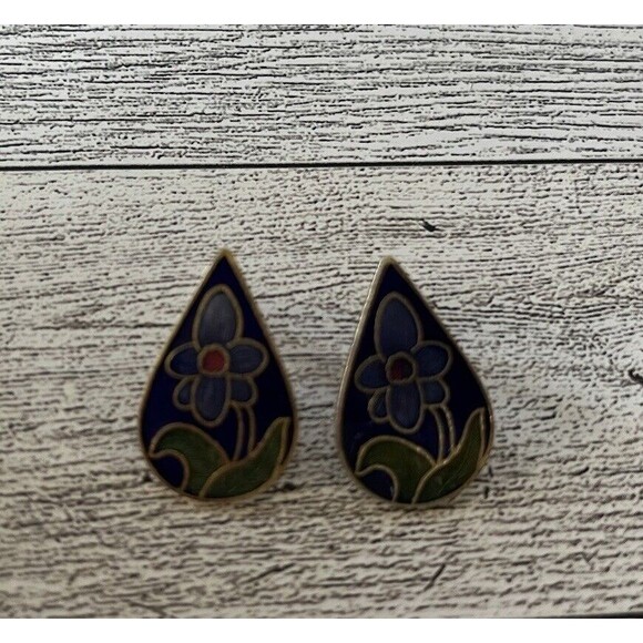 Cloisonne Enamel Teardrop Earrings Flower Stud Blue Gold Tone 1" Tall - Picture 3 of 4